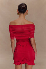 Caspian Slinky And Mesh Off Shoulder Mini Dress - Ruby