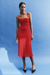 Willa Gathered Mesh Midi Dress - Ruby