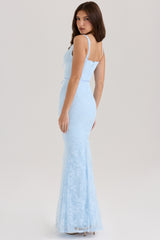 Sarai-Blue Lace Godet Maxi Dress
