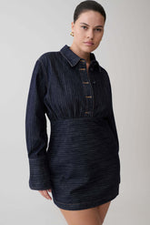 Zarah Denim Long Sleeve Mini Dress - Indigo Pinstripe