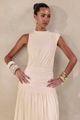 Cream High-Neck Maxi Dress Gathered-Detailing