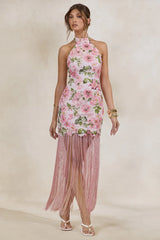 Pink Floral Print Lace Halter-Neck Fringed Maxi Dress