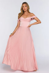 Elegant Glow Pleated Off Shoulder Maxi Dress Pink