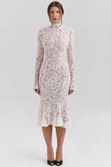 Sophia-Vintage Ivory Lace Fitted Midi Dress