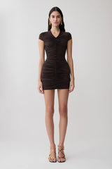 Alphine Gathered Short Sleeve Mini Dress - Chocolate