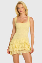 Sequin Lace Ruffle Mini Dress in Butter