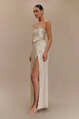 Larissa Satin Maxi Dress With Ruched Petals - Blush Gold