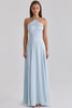 blue satin halter neck godet maxi dress