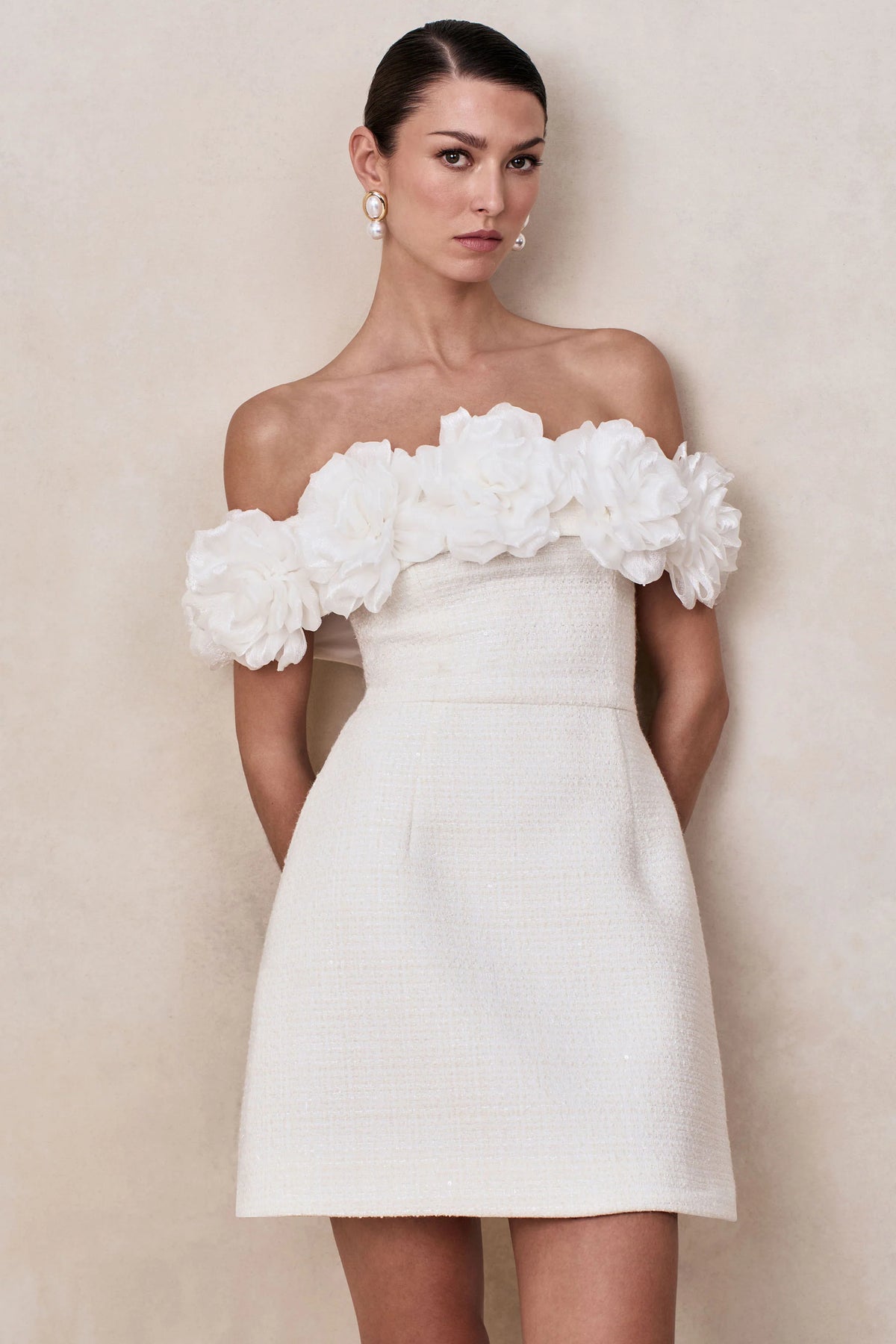 Florinda | White Boucle Floral-Bardot Neck Mini Dress