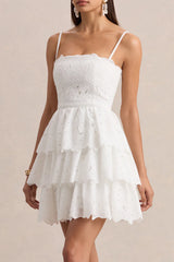 White Lace Square-Neck Mini Dress With Ruffled Detailing