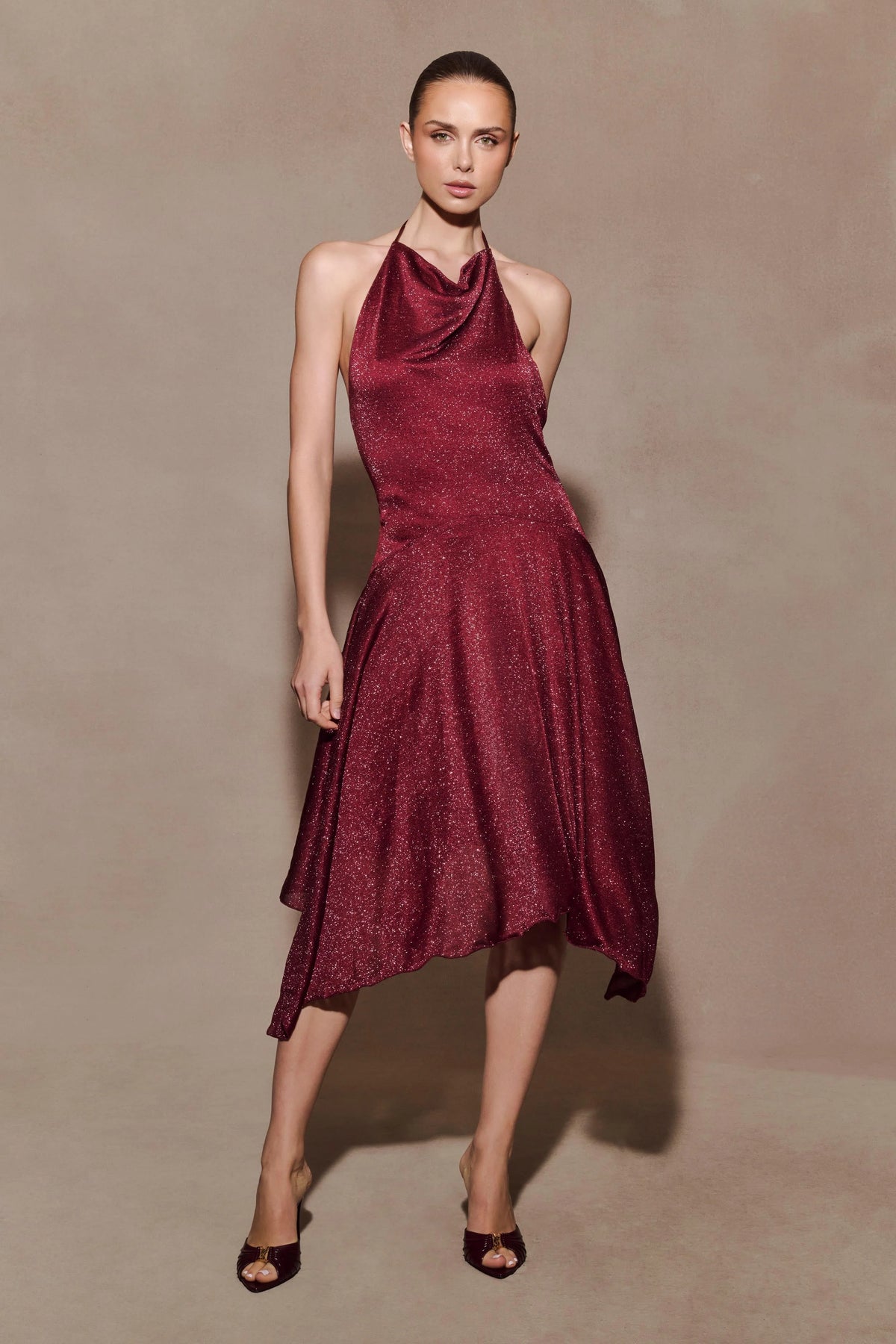 Sylvie Lurex Hankie Midi Dress - Wine