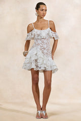 Lyris | White Lace Scoop-Neck Mini Dress With Ruffled Detailing