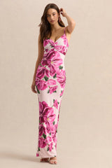 Luz | Pink Hibiscus Floral Print Strappy Maxi Dress
