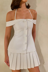 Celeta | White Bardot-Neck Mini Dress With Button-Detailing And Pleated-Hem