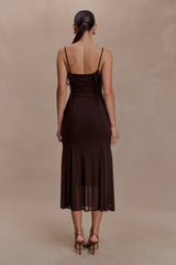 Willa Gathered Mesh Midi Dress - Chocolate
