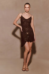 Zahra Diamante Cowl Mini Dress - Chocolate