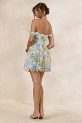 Letizia | White Floral Print Lace Bardot-Neck Skater Mini Dress