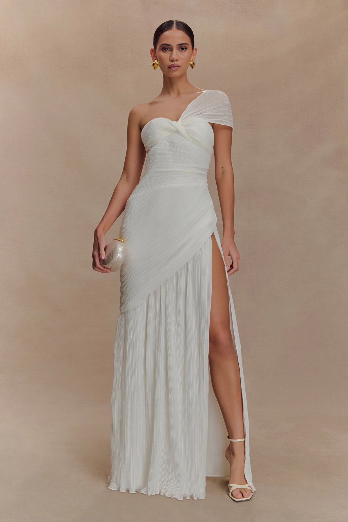 Tamara Shirred Chiffon Midi Dress - White