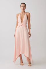 Cyra Plunge Satin Midi Dress - Peach