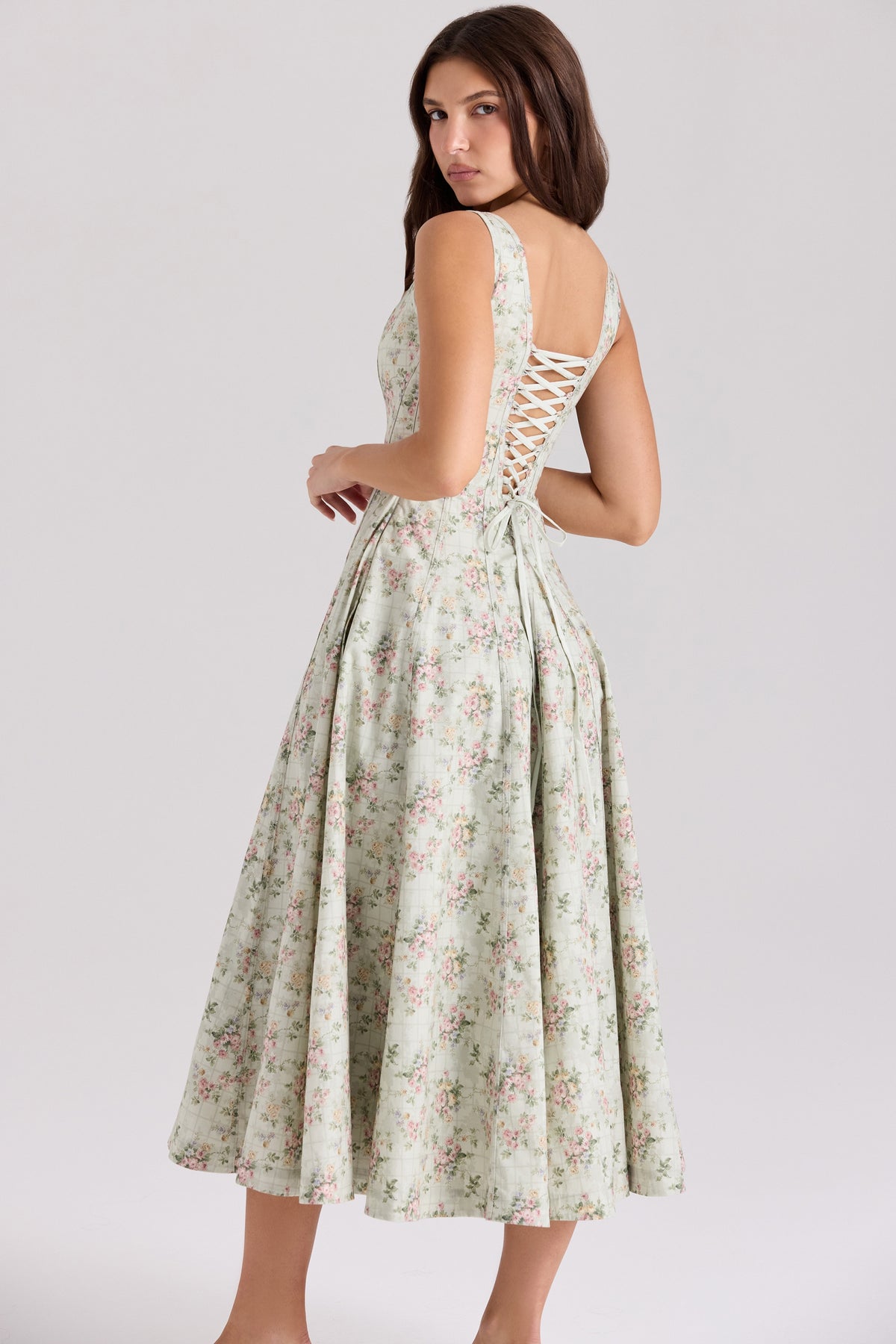 Mariabella-Sage Floral Print Cotton Midi Dress