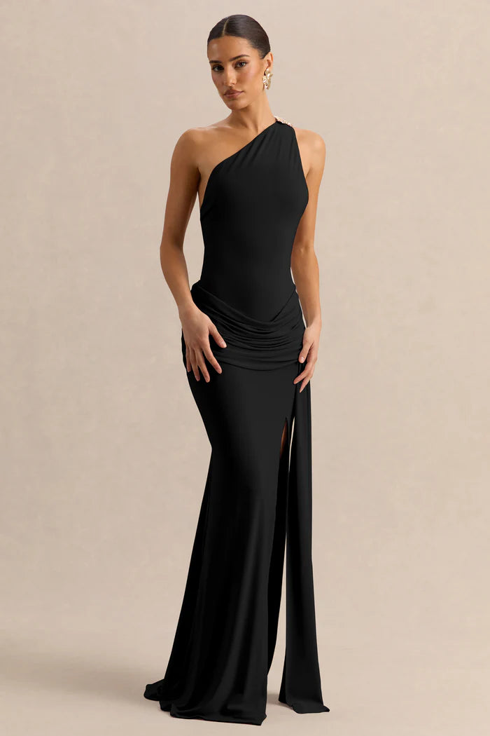 Black Asymmetric-Neck Maxi Dress With Gold-Detail And Front-High Split
