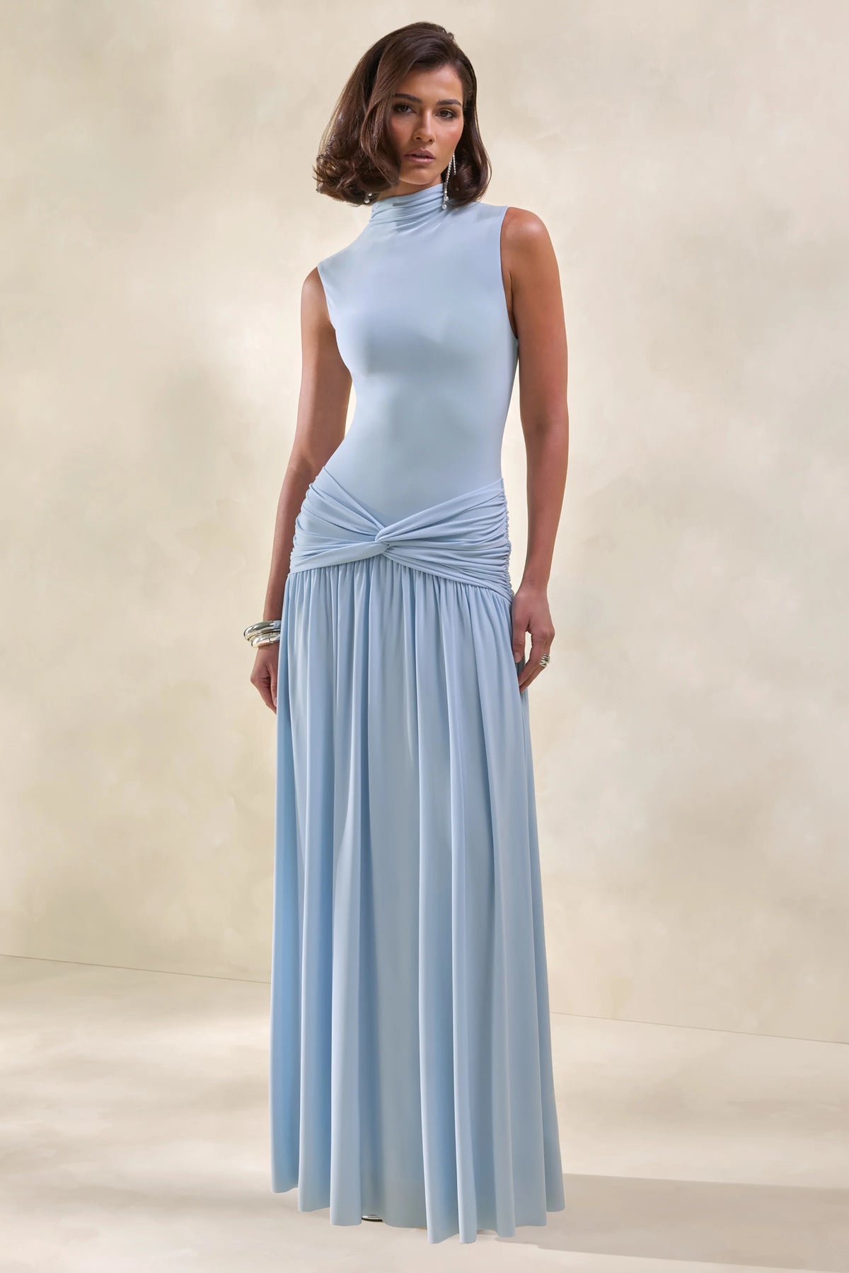 Glimora | Powder Blue High-Neck Maxi Dress With Ruched-Detailing