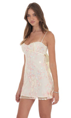 Embroidered Floral Babydoll Dress in Cream