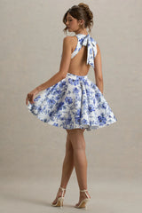 Waverly | Blue Floral Racer-Neck Sleeveless Skater Mini Dress
