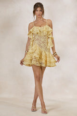 Lyris | Lemon Lace Scoop-Neck Mini Dress With Ruffled Detailing