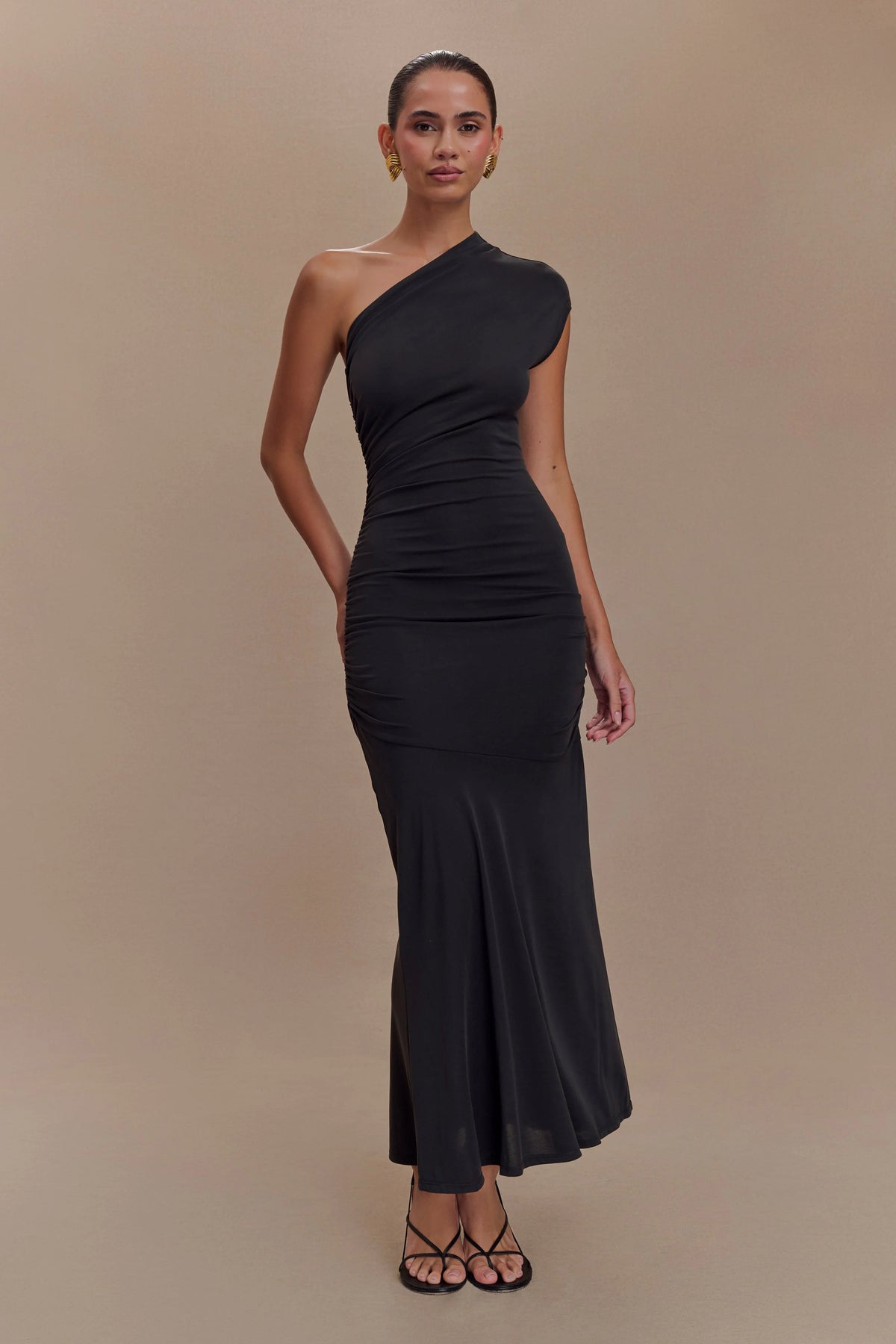 Chloe Peached Jersey One Shoulder Midi Dress - Black