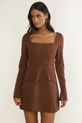 Calenne Long Sleeve Faux Pocket Mini Dress Coffee