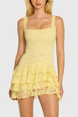 Sequin Lace Ruffle Mini Dress in Butter