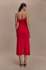 Willa Gathered Mesh Midi Dress - Ruby