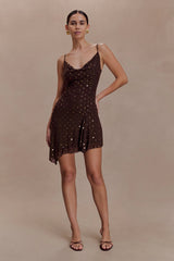 Zahra Diamante Cowl Mini Dress - Chocolate
