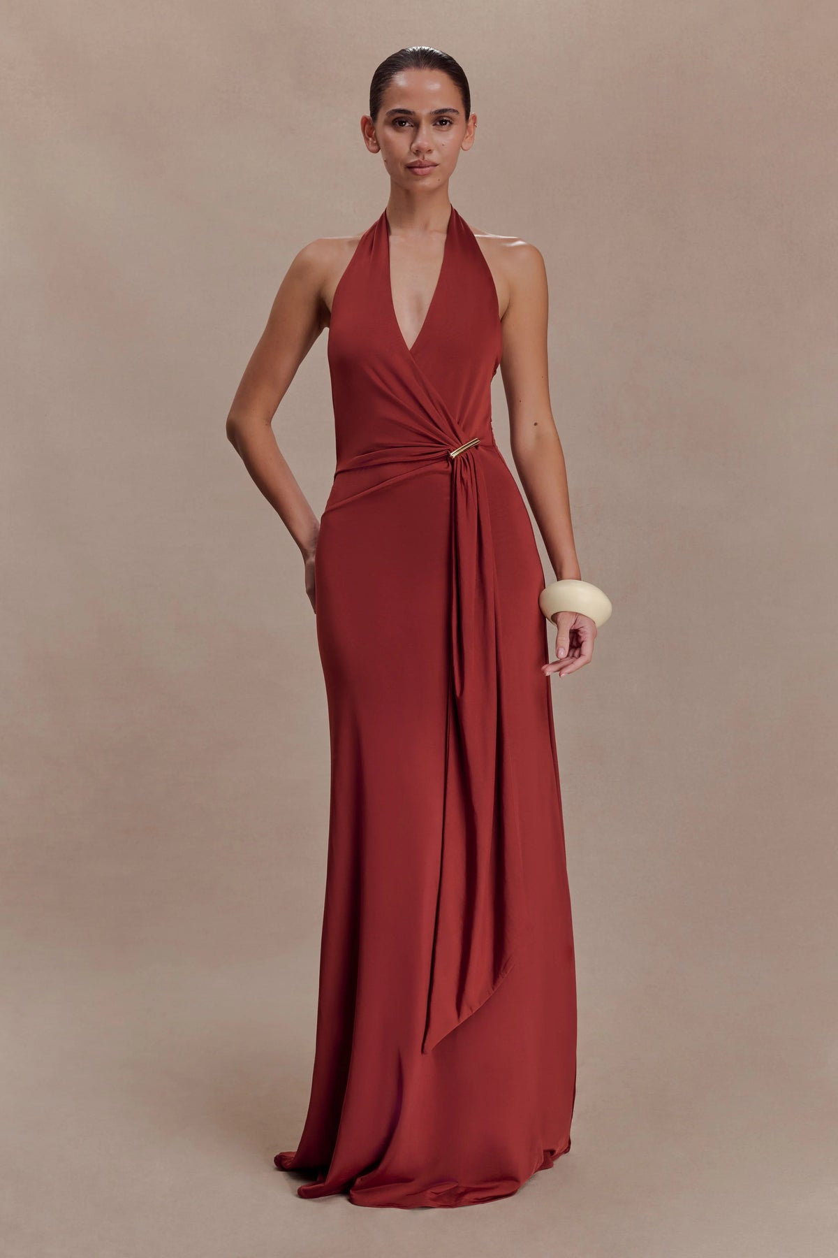 Veda Slinky Halter Maxi Dress - Russet