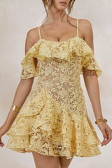 Lyris | Lemon Lace Scoop-Neck Mini Dress With Ruffled Detailing