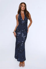 Lime Light Mesh Halter Maxi Dress Navy