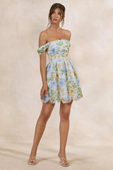 Letizia | White Floral Print Lace Bardot-Neck Skater Mini Dress