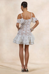 Lyris | White Lace Scoop-Neck Mini Dress With Ruffled Detailing