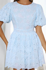 Sweet Butterfly Dreams Embroidered Puff Sleeve Mini Dress Blue