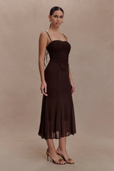 Willa Gathered Mesh Midi Dress - Chocolate